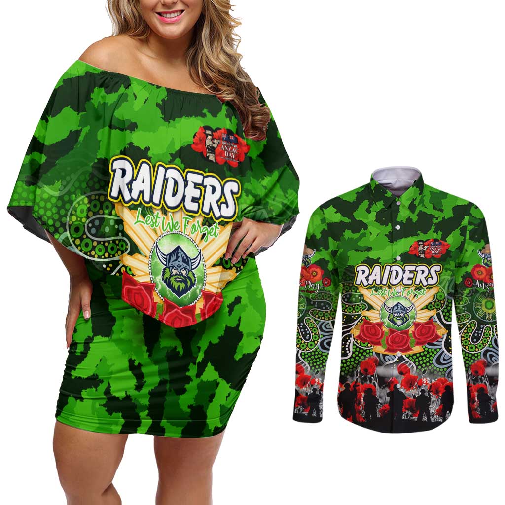 Personalized Raiders ANZAC Day Couples Matching Off Shoulder Short Dress and Long Sleeve Button Shirt Australian Army - Lest We Forget