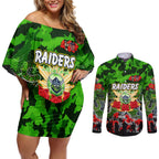 Personalized Raiders ANZAC Day Couples Matching Off Shoulder Short Dress and Long Sleeve Button Shirt Australian Army - Lest We Forget