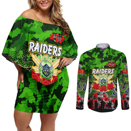 Personalized Raiders ANZAC Day Couples Matching Off Shoulder Short Dress and Long Sleeve Button Shirt Australian Army - Lest We Forget