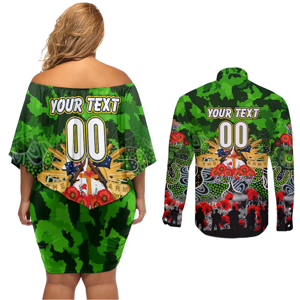 Personalized Raiders ANZAC Day Couples Matching Off Shoulder Short Dress and Long Sleeve Button Shirt Australian Army - Lest We Forget