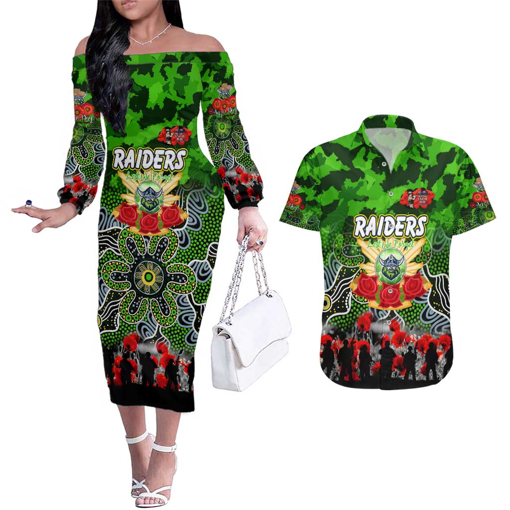 Personalized Raiders ANZAC Day Couples Matching Off The Shoulder Long Sleeve Dress and Hawaiian Shirt Australian Army - Lest We Forget