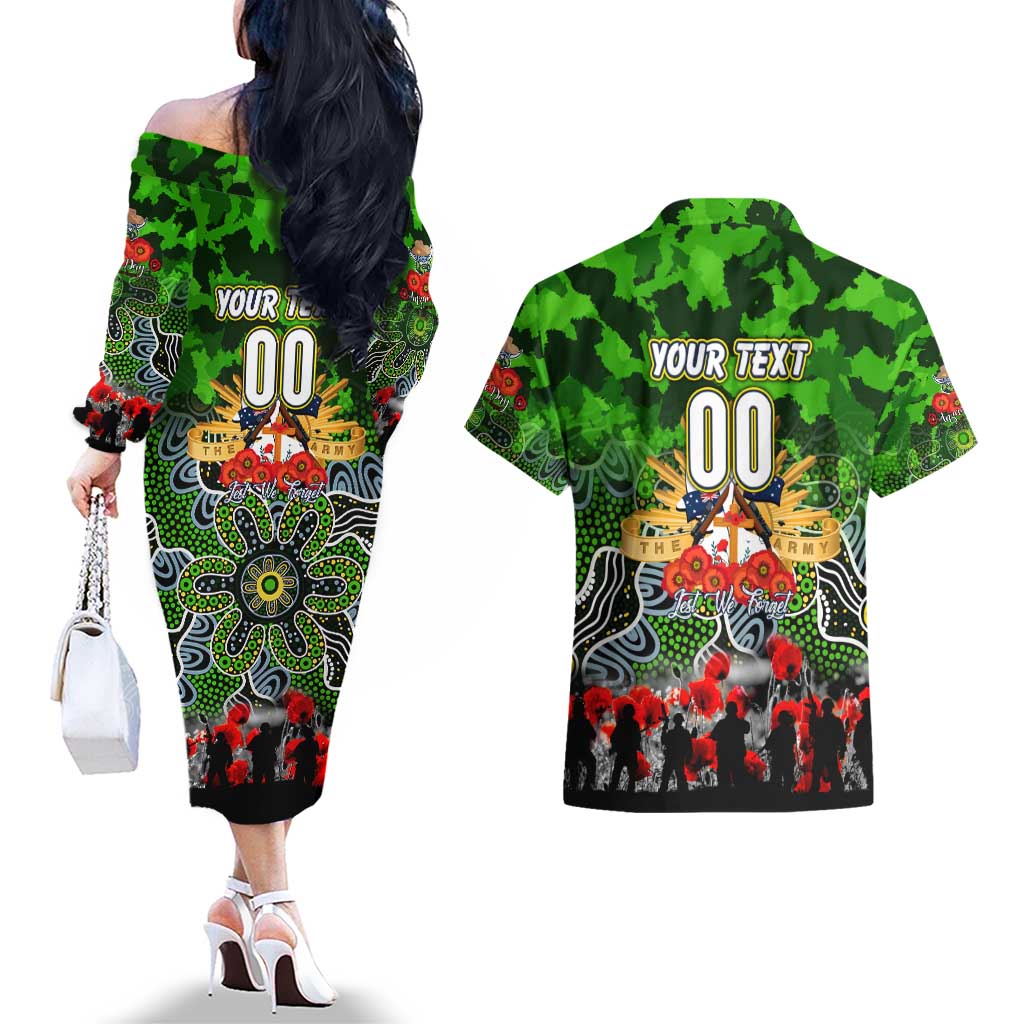 Personalized Raiders ANZAC Day Couples Matching Off The Shoulder Long Sleeve Dress and Hawaiian Shirt Australian Army - Lest We Forget