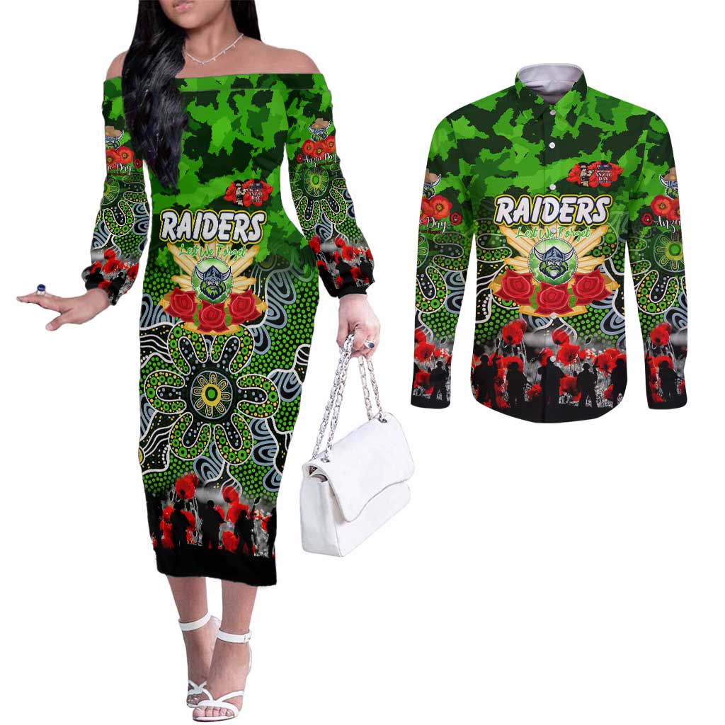 Personalized Raiders ANZAC Day Couples Matching Off The Shoulder Long Sleeve Dress and Long Sleeve Button Shirt Australian Army - Lest We Forget