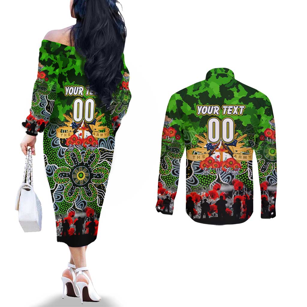 Personalized Raiders ANZAC Day Couples Matching Off The Shoulder Long Sleeve Dress and Long Sleeve Button Shirt Australian Army - Lest We Forget