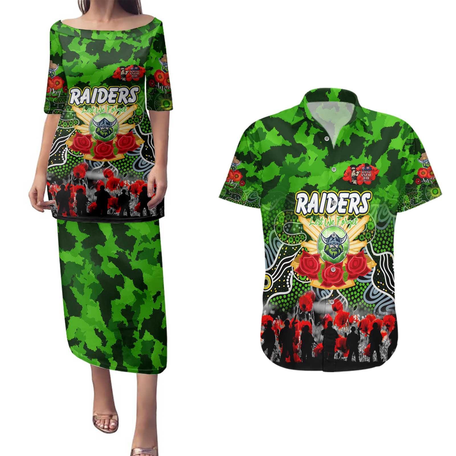Personalized Raiders ANZAC Day Couples Matching Puletasi and Hawaiian Shirt Australian Army - Lest We Forget