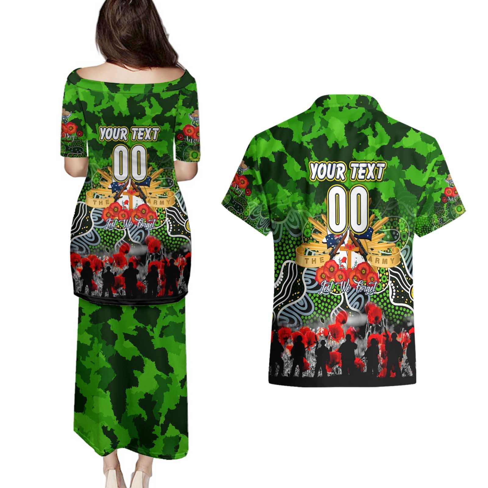 Personalized Raiders ANZAC Day Couples Matching Puletasi and Hawaiian Shirt Australian Army - Lest We Forget