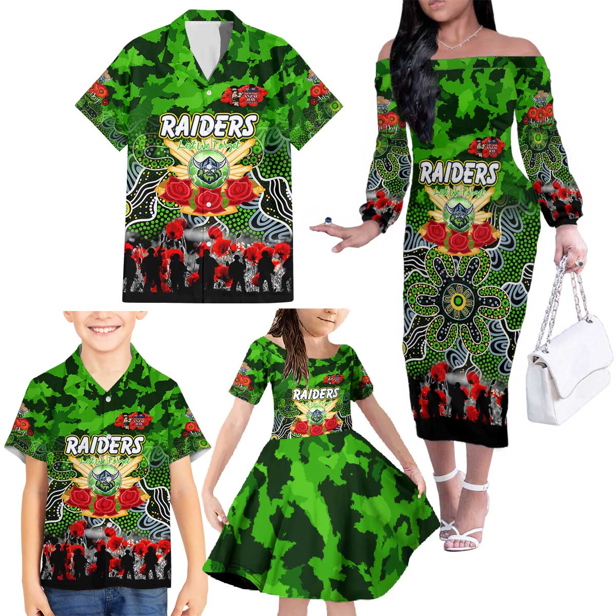 Personalized Raiders ANZAC Day Family Matching Off The Shoulder Long Sleeve Dress and Hawaiian Shirt Australian Army - Lest We Forget