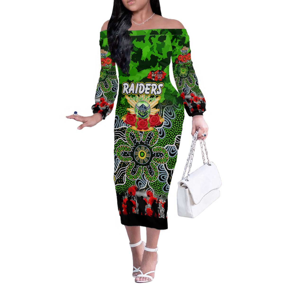 Personalized Raiders ANZAC Day Family Matching Off The Shoulder Long Sleeve Dress and Hawaiian Shirt Australian Army - Lest We Forget