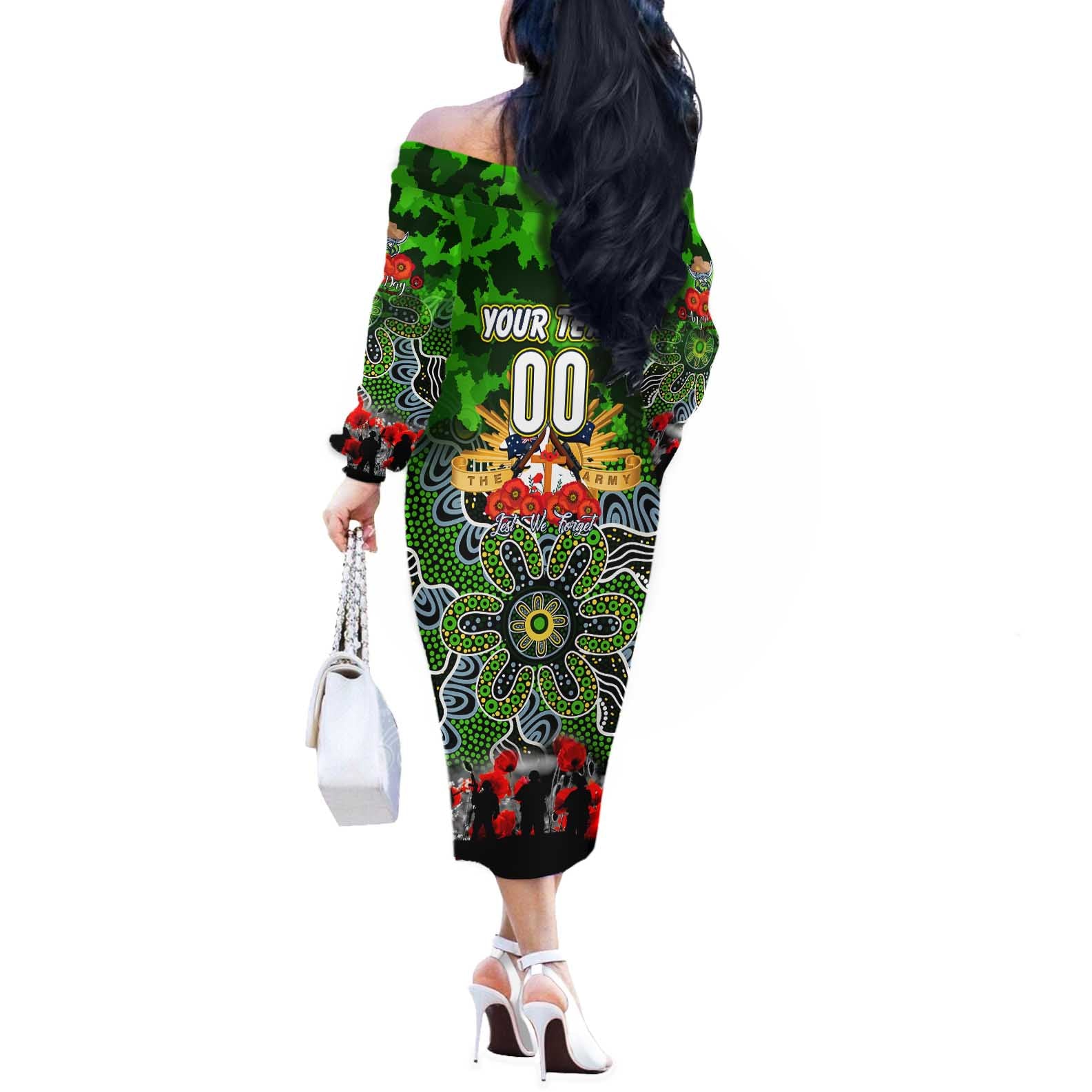 Personalized Raiders ANZAC Day Off The Shoulder Long Sleeve Dress Australian Army - Lest We Forget
