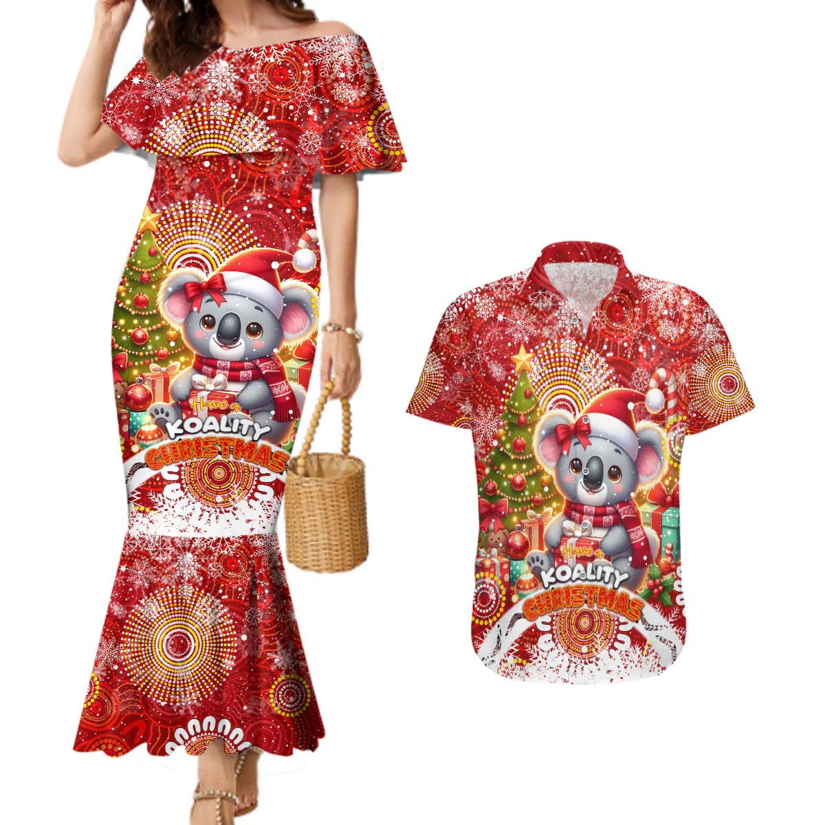 Koality Christmas Couples Matching Mermaid Dress and Hawaiian Shirt Cute Aussie Koala Holiday - Aussie Hoodie