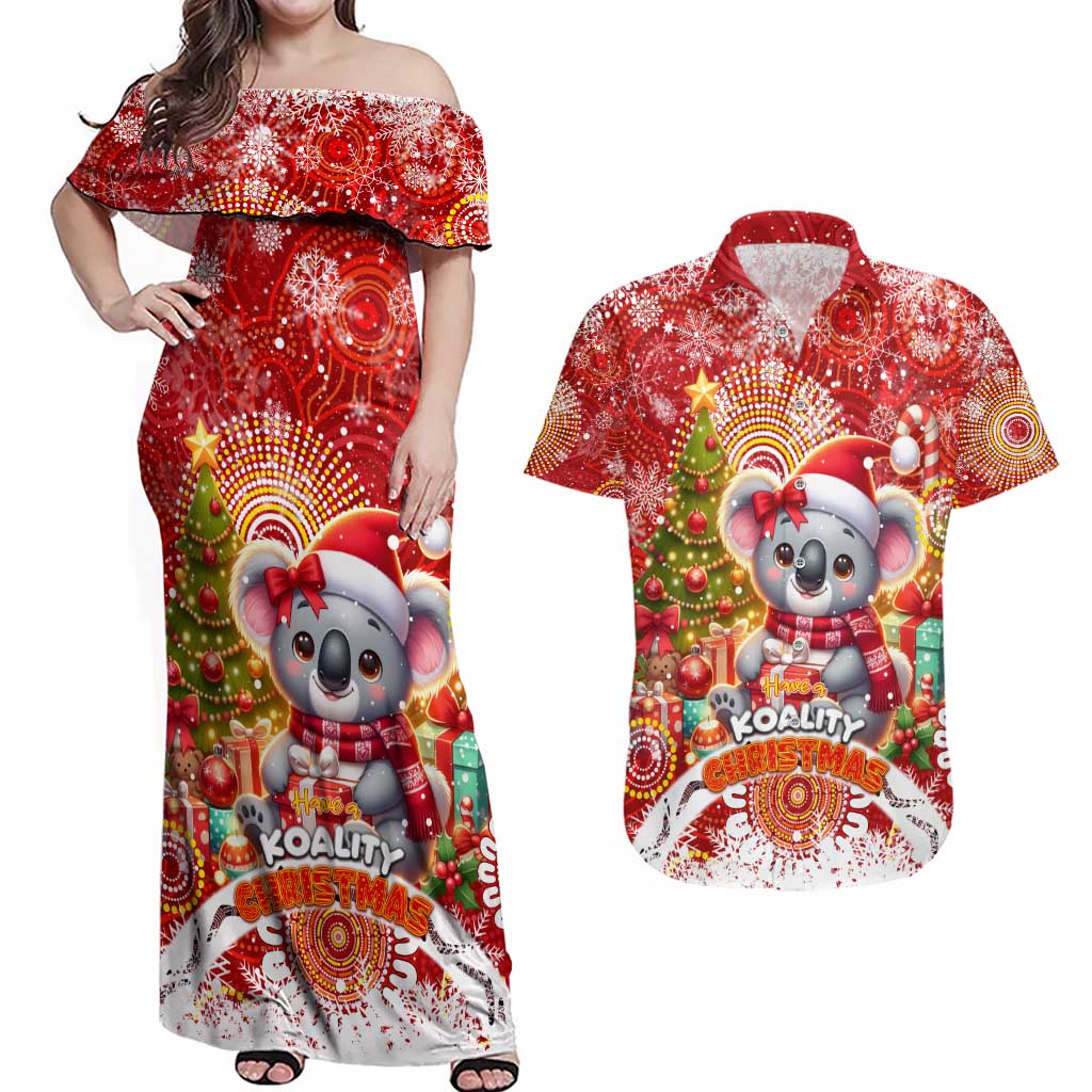 Koality Christmas Couples Matching Off Shoulder Maxi Dress and Hawaiian Shirt Cute Aussie Koala Holiday - Aussie Hoodie