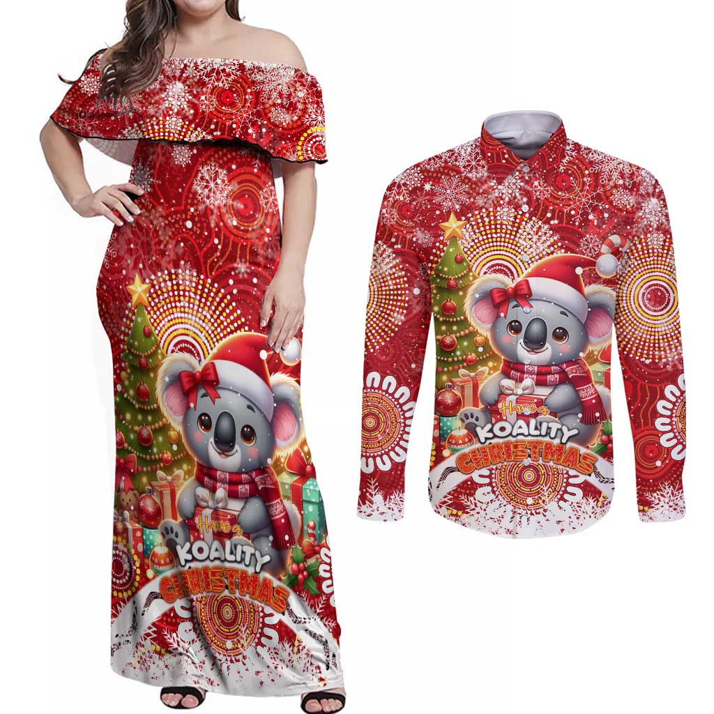 Koality Christmas Couples Matching Off Shoulder Maxi Dress and Long Sleeve Button Shirt Cute Aussie Koala Holiday - Aussie Hoodie