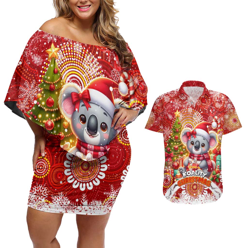 Koality Christmas Couples Matching Off Shoulder Short Dress and Hawaiian Shirt Cute Aussie Koala Holiday - Aussie Hoodie