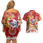 Koality Christmas Couples Matching Off Shoulder Short Dress and Hawaiian Shirt Cute Aussie Koala Holiday - Aussie Hoodie