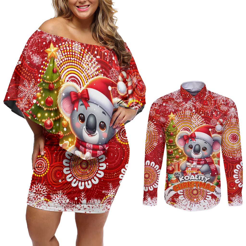 Koality Christmas Couples Matching Off Shoulder Short Dress and Long Sleeve Button Shirt Cute Aussie Koala Holiday - Aussie Hoodie