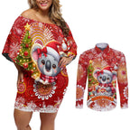 Koality Christmas Couples Matching Off Shoulder Short Dress and Long Sleeve Button Shirt Cute Aussie Koala Holiday - Aussie Hoodie