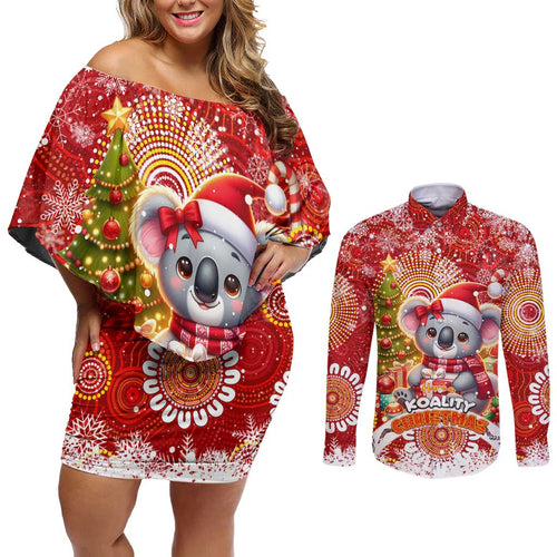 Koality Christmas Couples Matching Off Shoulder Short Dress and Long Sleeve Button Shirt Cute Aussie Koala Holiday - Aussie Hoodie