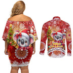 Koality Christmas Couples Matching Off Shoulder Short Dress and Long Sleeve Button Shirt Cute Aussie Koala Holiday - Aussie Hoodie