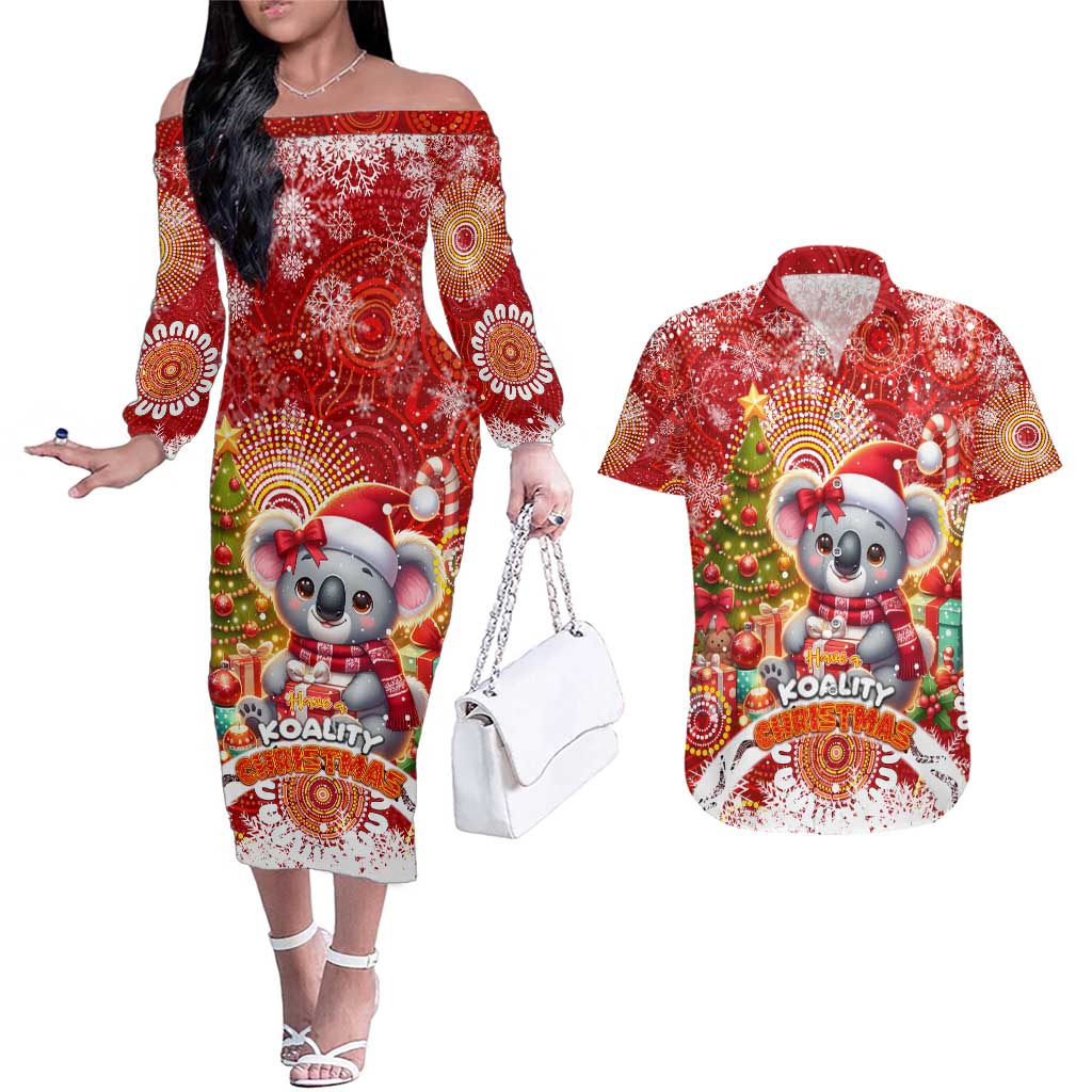 Koality Christmas Couples Matching Off The Shoulder Long Sleeve Dress and Hawaiian Shirt Cute Aussie Koala Holiday - Aussie Hoodie