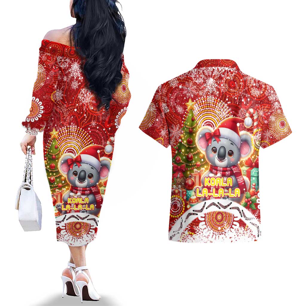 Koality Christmas Couples Matching Off The Shoulder Long Sleeve Dress and Hawaiian Shirt Cute Aussie Koala Holiday - Aussie Hoodie