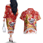 Koality Christmas Couples Matching Off The Shoulder Long Sleeve Dress and Hawaiian Shirt Cute Aussie Koala Holiday - Aussie Hoodie