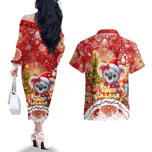 Koality Christmas Couples Matching Off The Shoulder Long Sleeve Dress and Hawaiian Shirt Cute Aussie Koala Holiday - Aussie Hoodie