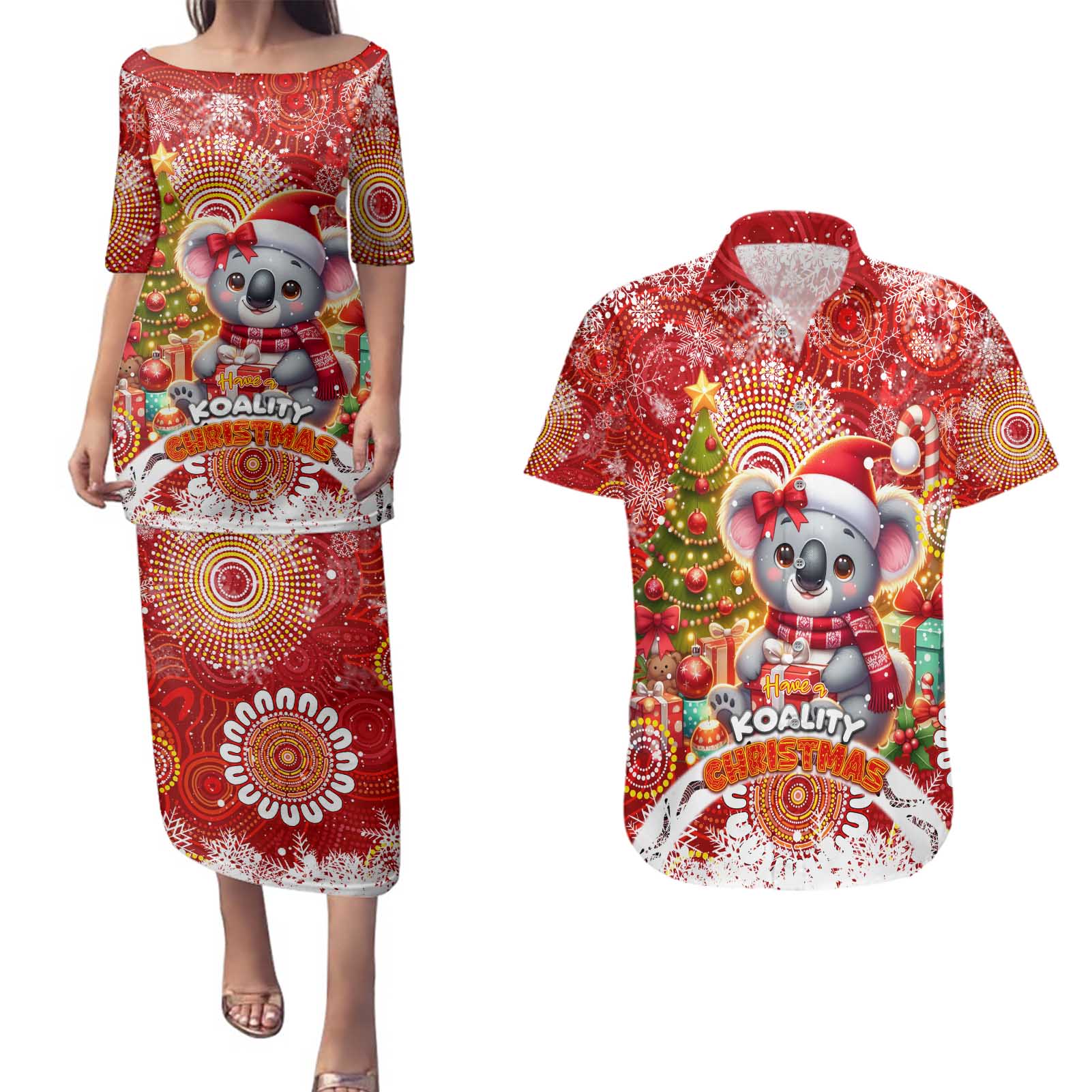 Koality Christmas Couples Matching Puletasi and Hawaiian Shirt Cute Aussie Koala Holiday - Aussie Hoodie