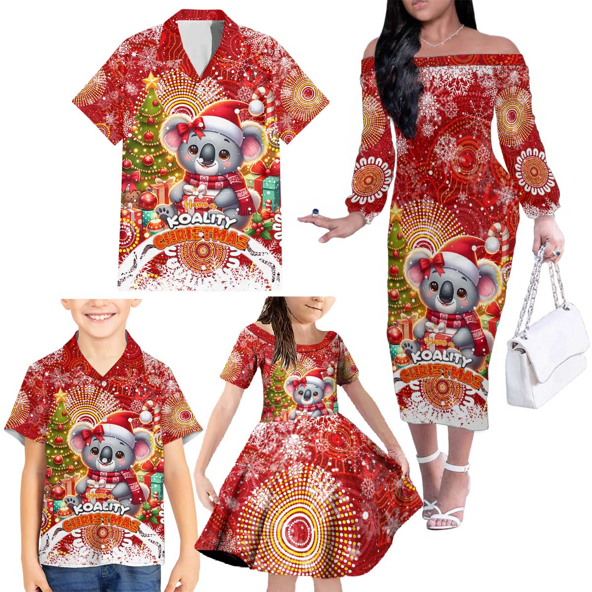 Koality Christmas Family Matching Off The Shoulder Long Sleeve Dress and Hawaiian Shirt Cute Aussie Koala Holiday - Aussie Hoodie