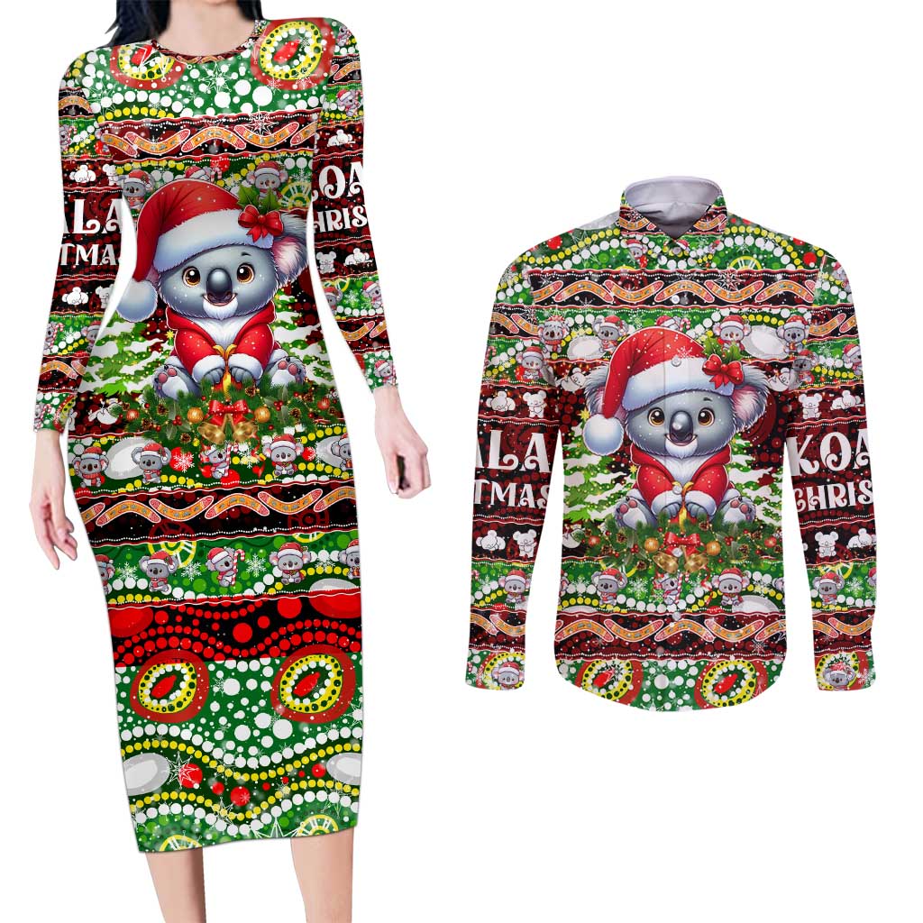 Koala Christmas Couples Matching Long Sleeve Bodycon Dress and Long Sleeve Button Shirt Australia Aboriginal Cute Santa Koalas - Aussie Hoodie