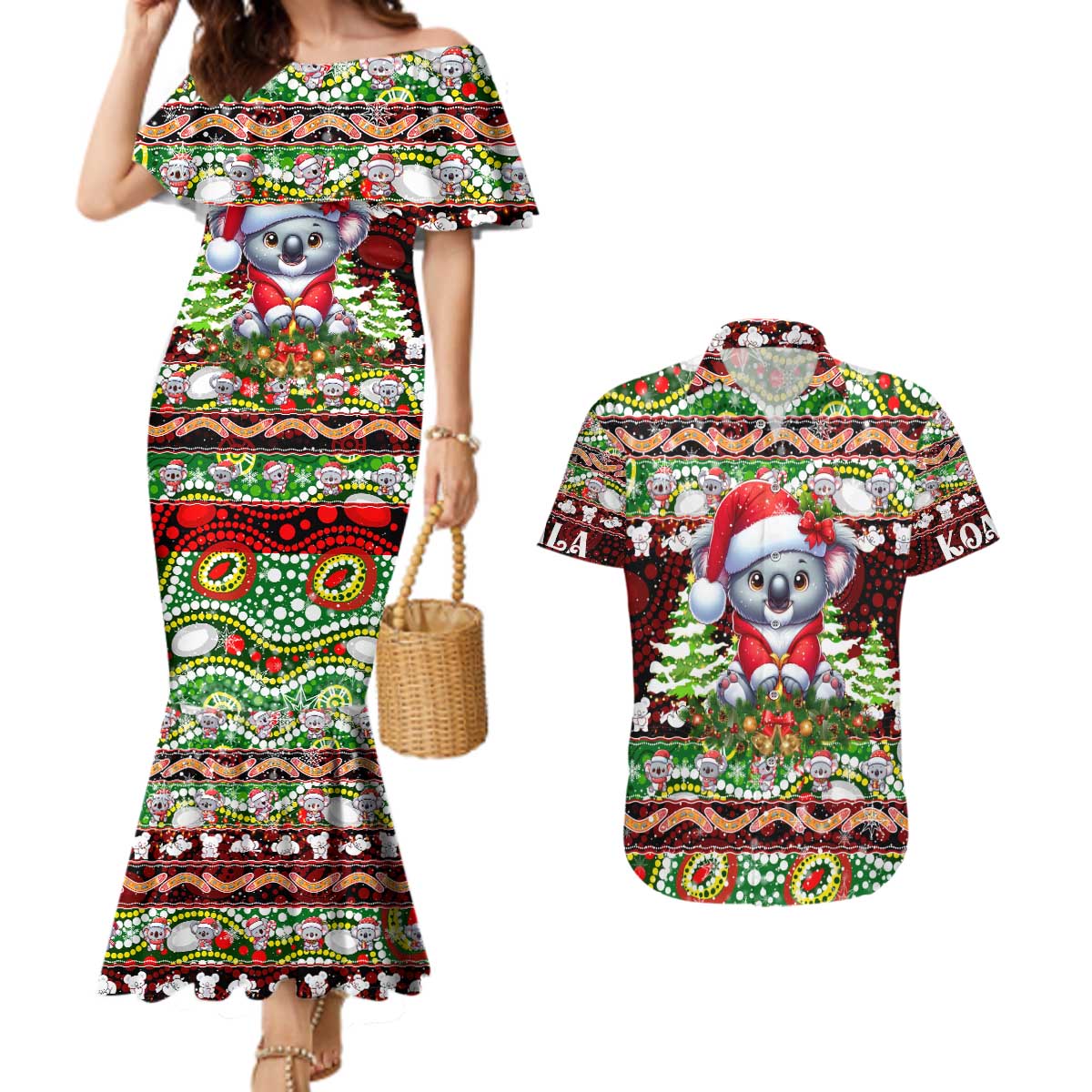 Koala Christmas Couples Matching Mermaid Dress and Hawaiian Shirt Australia Aboriginal Cute Santa Koalas - Aussie Hoodie
