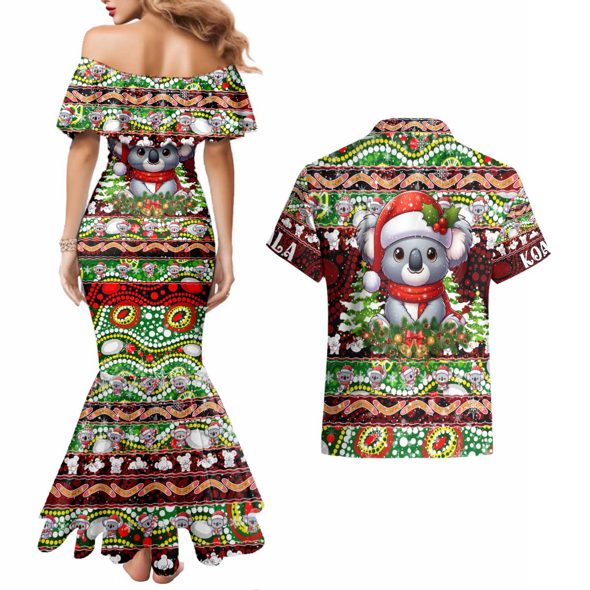 Koala Christmas Couples Matching Mermaid Dress and Hawaiian Shirt Australia Aboriginal Cute Santa Koalas - Aussie Hoodie