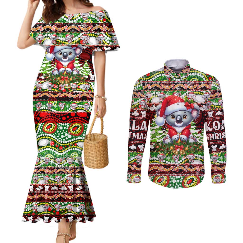 Koala Christmas Couples Matching Mermaid Dress and Long Sleeve Button Shirt Australia Aboriginal Cute Santa Koalas - Aussie Hoodie