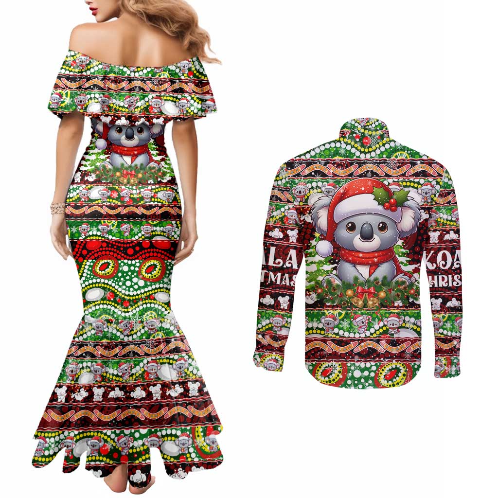 Koala Christmas Couples Matching Mermaid Dress and Long Sleeve Button Shirt Australia Aboriginal Cute Santa Koalas - Aussie Hoodie