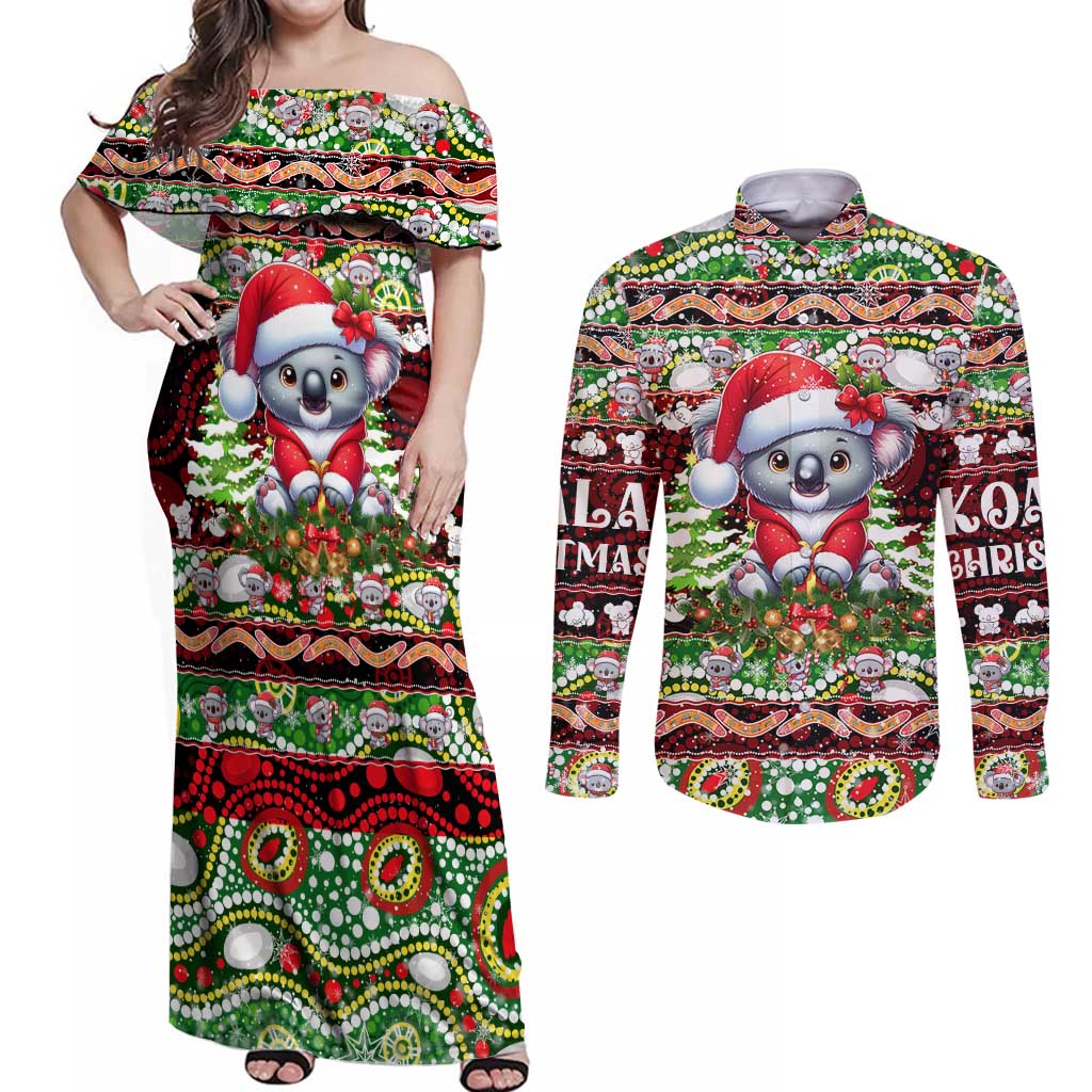 Koala Christmas Couples Matching Off Shoulder Maxi Dress and Long Sleeve Button Shirt Australia Aboriginal Cute Santa Koalas - Aussie Hoodie