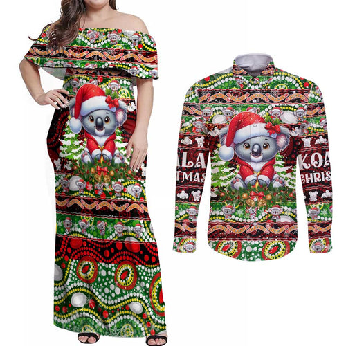 Koala Christmas Couples Matching Off Shoulder Maxi Dress and Long Sleeve Button Shirt Australia Aboriginal Cute Santa Koalas - Aussie Hoodie