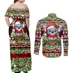 Koala Christmas Couples Matching Off Shoulder Maxi Dress and Long Sleeve Button Shirt Australia Aboriginal Cute Santa Koalas - Aussie Hoodie