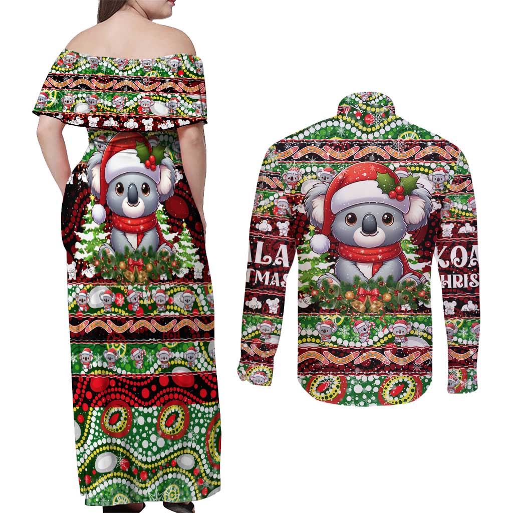 Koala Christmas Couples Matching Off Shoulder Maxi Dress and Long Sleeve Button Shirt Australia Aboriginal Cute Santa Koalas - Aussie Hoodie