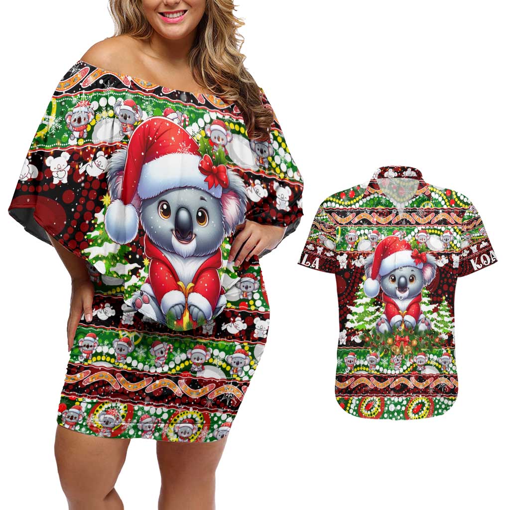 Koala Christmas Couples Matching Off Shoulder Short Dress and Hawaiian Shirt Australia Aboriginal Cute Santa Koalas - Aussie Hoodie