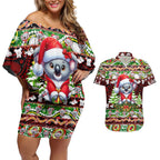 Koala Christmas Couples Matching Off Shoulder Short Dress and Hawaiian Shirt Australia Aboriginal Cute Santa Koalas - Aussie Hoodie