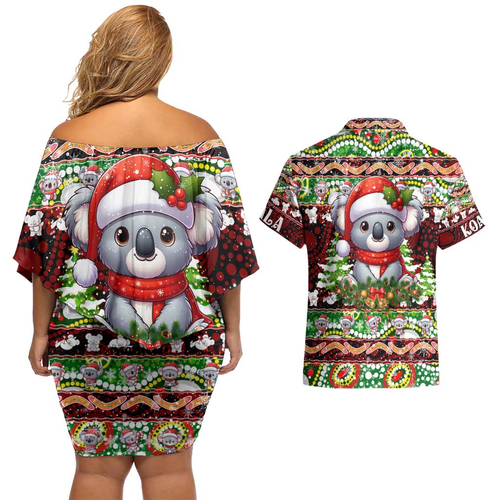 Koala Christmas Couples Matching Off Shoulder Short Dress and Hawaiian Shirt Australia Aboriginal Cute Santa Koalas - Aussie Hoodie