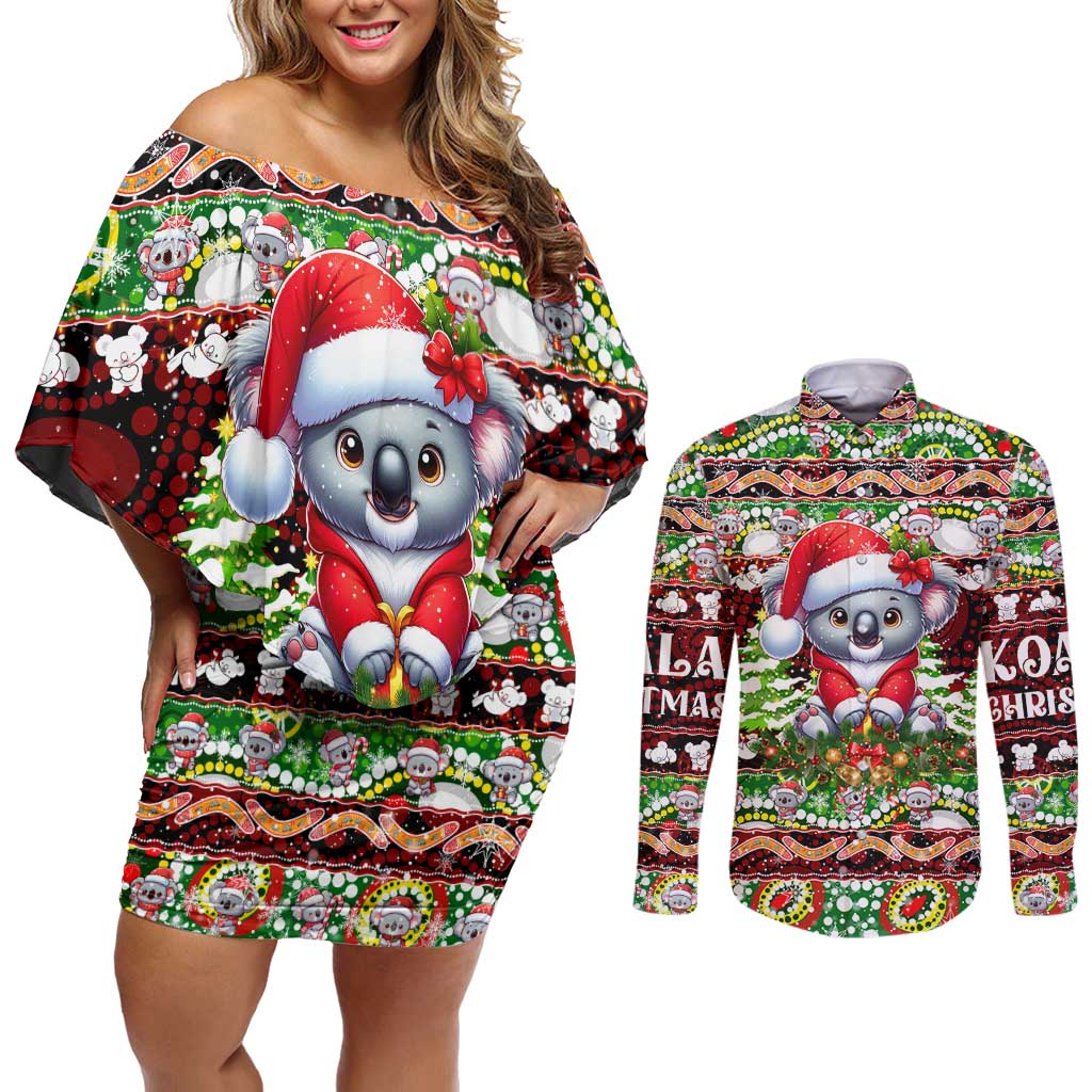 Koala Christmas Couples Matching Off Shoulder Short Dress and Long Sleeve Button Shirt Australia Aboriginal Cute Santa Koalas - Aussie Hoodie