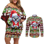 Koala Christmas Couples Matching Off Shoulder Short Dress and Long Sleeve Button Shirt Australia Aboriginal Cute Santa Koalas - Aussie Hoodie