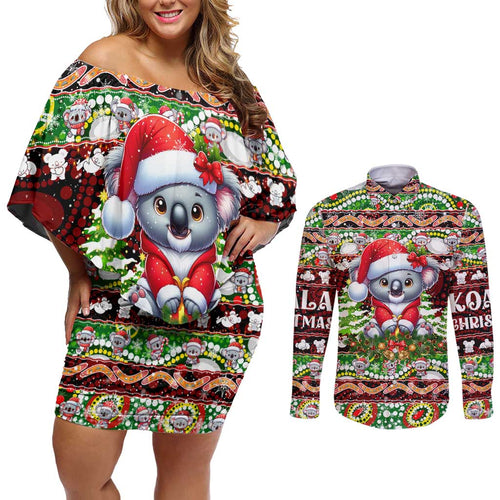 Koala Christmas Couples Matching Off Shoulder Short Dress and Long Sleeve Button Shirt Australia Aboriginal Cute Santa Koalas - Aussie Hoodie