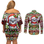 Koala Christmas Couples Matching Off Shoulder Short Dress and Long Sleeve Button Shirt Australia Aboriginal Cute Santa Koalas - Aussie Hoodie