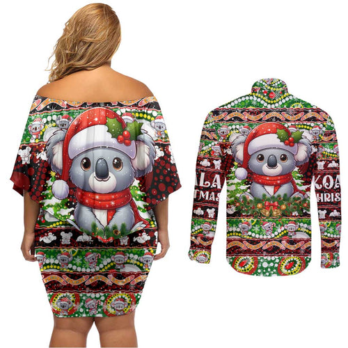 Koala Christmas Couples Matching Off Shoulder Short Dress and Long Sleeve Button Shirt Australia Aboriginal Cute Santa Koalas - Aussie Hoodie