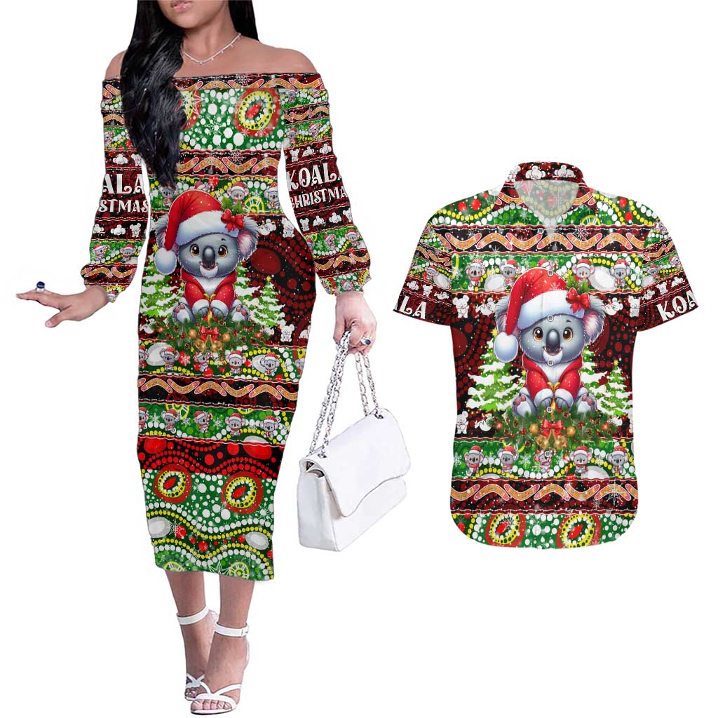 Koala Christmas Couples Matching Off The Shoulder Long Sleeve Dress and Hawaiian Shirt Australia Aboriginal Cute Santa Koalas - Aussie Hoodie