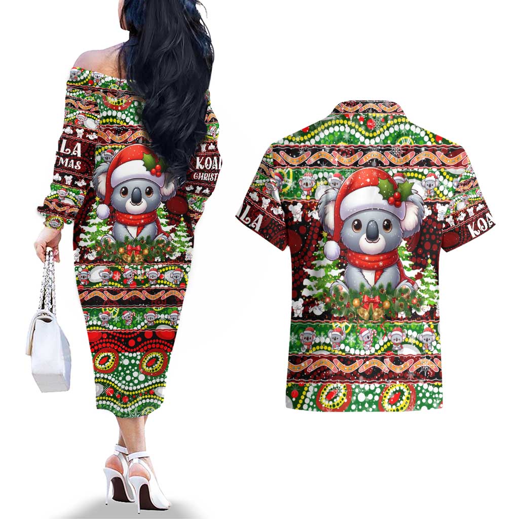 Koala Christmas Couples Matching Off The Shoulder Long Sleeve Dress and Hawaiian Shirt Australia Aboriginal Cute Santa Koalas - Aussie Hoodie