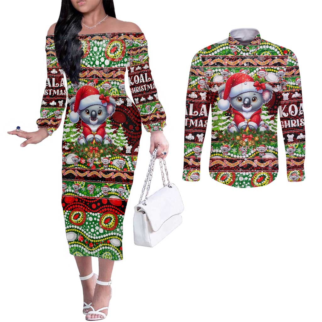 Koala Christmas Couples Matching Off The Shoulder Long Sleeve Dress and Long Sleeve Button Shirt Australia Aboriginal Cute Santa Koalas - Aussie Hoodie