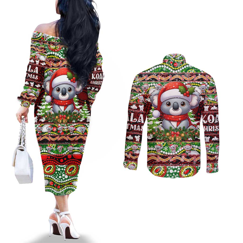 Koala Christmas Couples Matching Off The Shoulder Long Sleeve Dress and Long Sleeve Button Shirt Australia Aboriginal Cute Santa Koalas - Aussie Hoodie