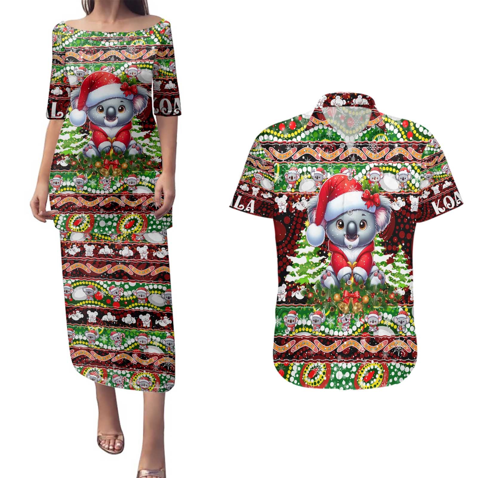 Koala Christmas Couples Matching Puletasi and Hawaiian Shirt Australia Aboriginal Cute Santa Koalas - Aussie Hoodie